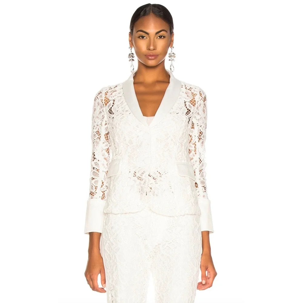 Alexis Bonis Jacket Blazer Women Medium White Sheer Floral Lace Satin Trim Lapel
